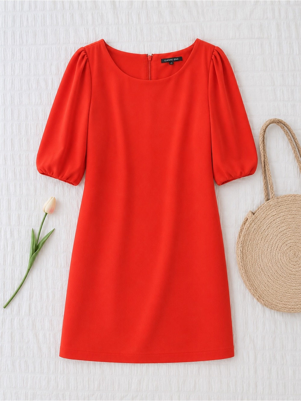 Red Puff Sleeve Shift Dress
